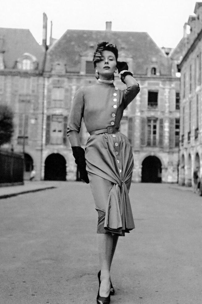 Supermodel Bettina in a Jacques Fath outfit