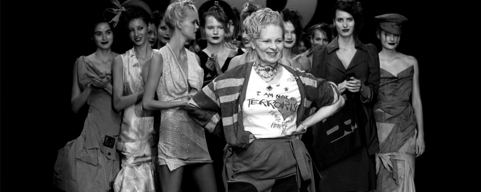 Fashion designer Vivienne Westwood walking down the runway