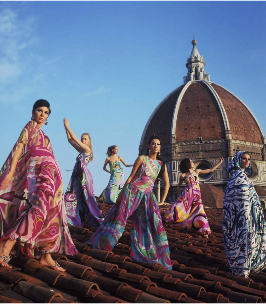 Models on the roof of Palazzo Pucci in Florence, wearing the Spring/Summer 1967 Collection by Emilio Pucci