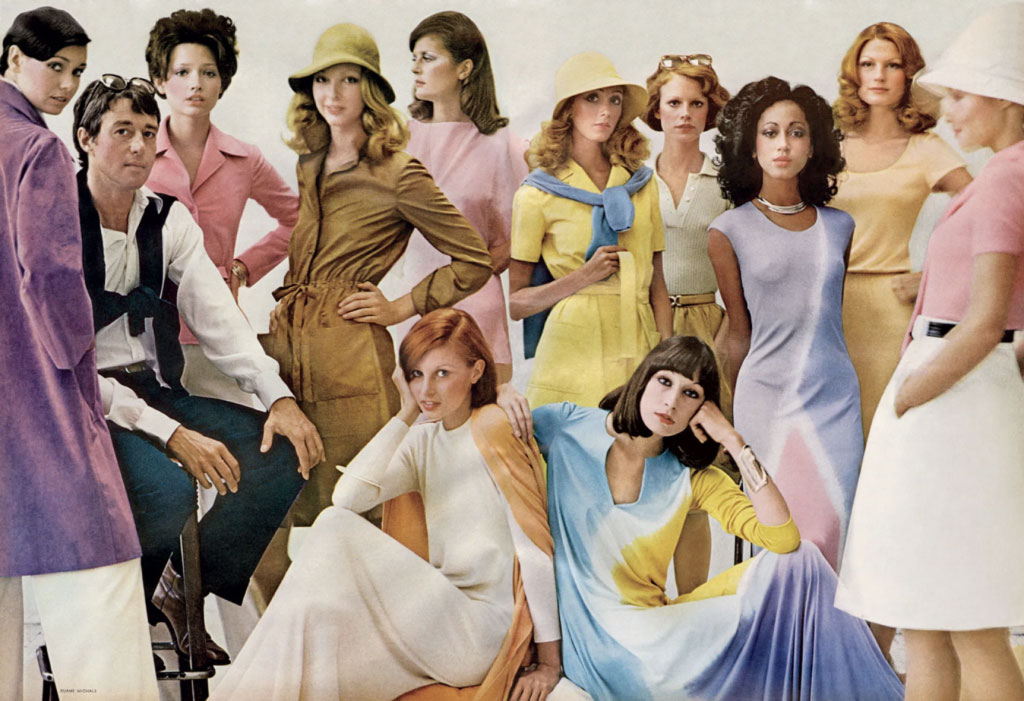 Halston and his muses portrayed in Vogue in 1972